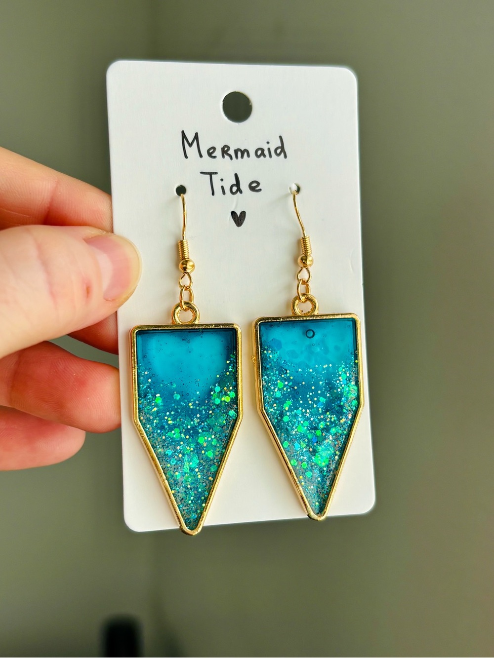 Mermaid Tide Resin Geometric Earrings Blue Glitter Ocean Inspired Handmade